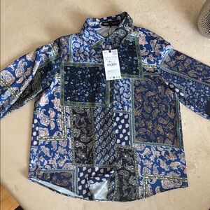 Zara Blue Casual Button Down Shirt with Patchwork Design